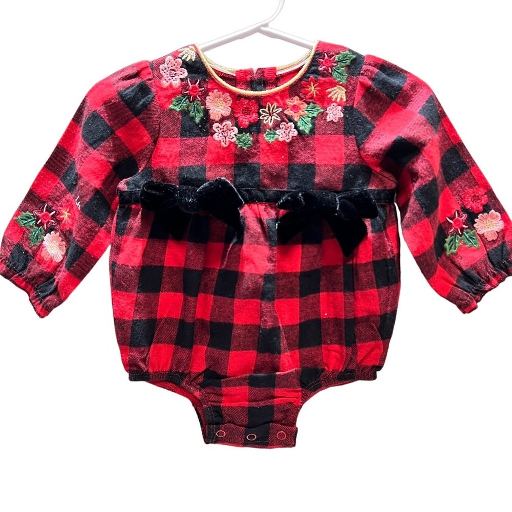 Mud Pie Christmas bubble flannel velvet bows embroidery 3-6m NWT red black check